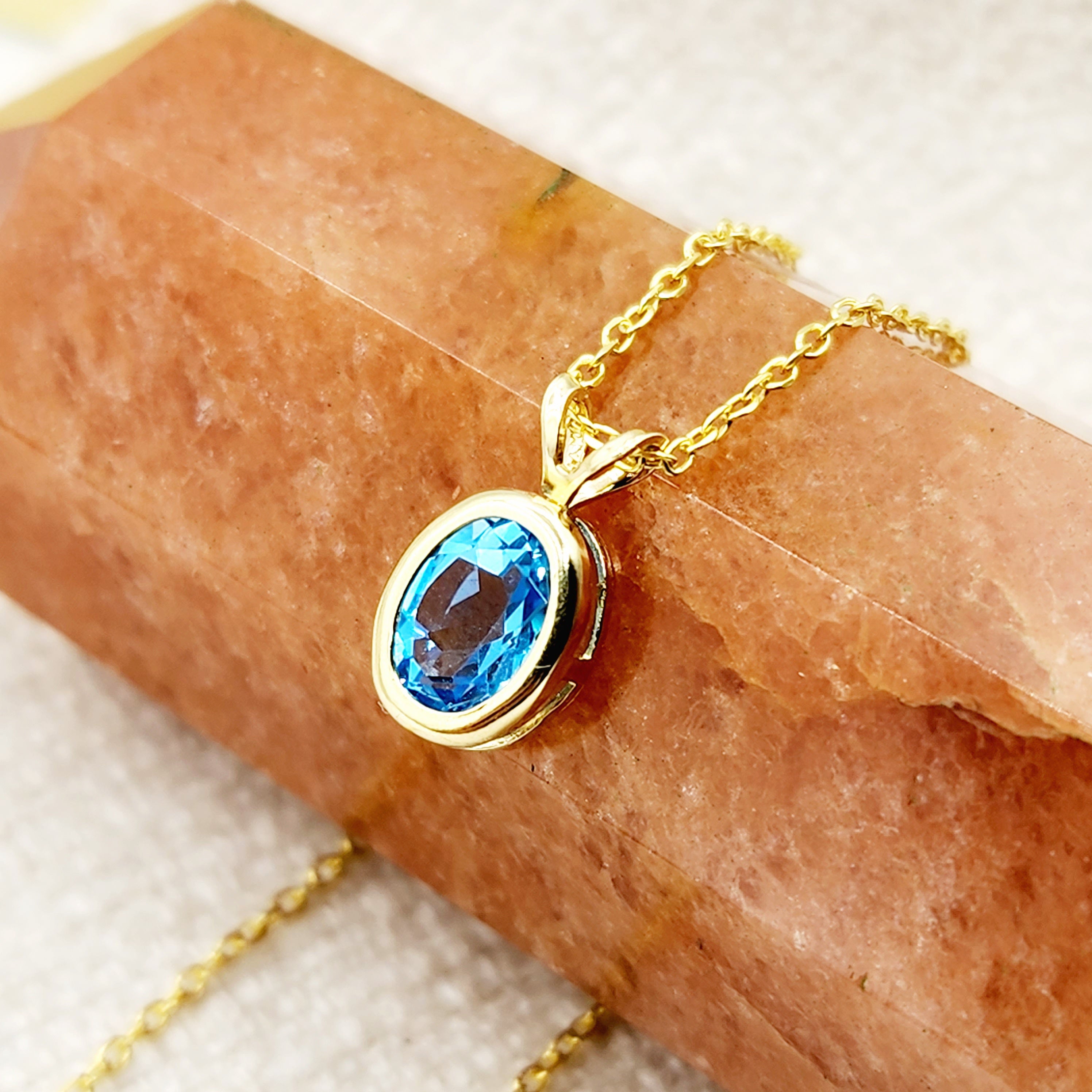 Gold Blue Topaz Pendant Necklace, 14K Yellow Gold Genuine Oval Blue Topaz 8x6mm Bezel Pendant Necklace, Affordable Jewelry