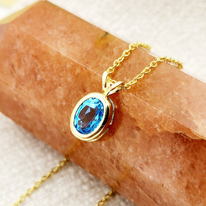 Gold Blue Topaz Pendant Necklace, 14K Yellow Gold Genuine Oval Blue Topaz 8x6mm Bezel Pendant Necklace, Affordable Jewelry