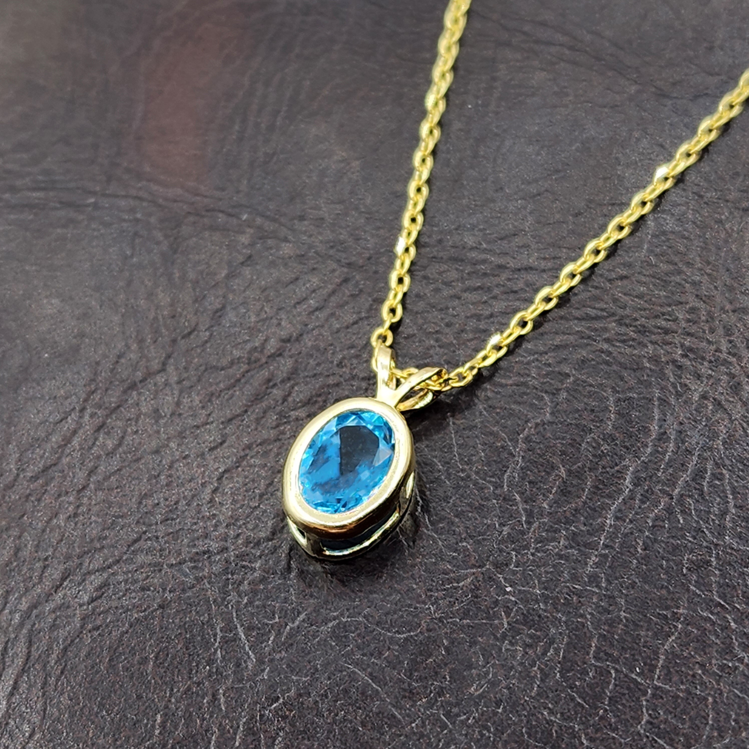 Gold Blue Topaz Pendant Necklace, 14K Yellow Gold Genuine Oval Blue Topaz 8x6mm Bezel Pendant Necklace, Affordable Jewelry