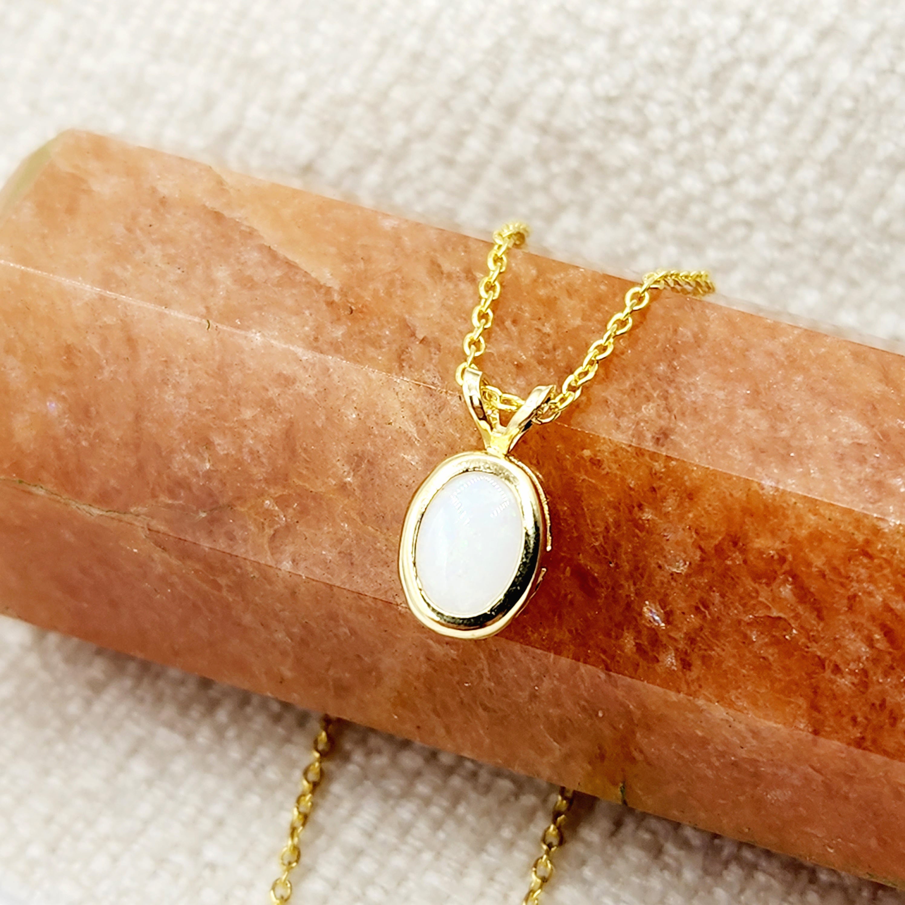 Gold Opal Pendant Necklace, 14K Yellow Gold Genuine Oval Opal 8x6mm Bezel Pendant Necklace, Affordable Jewelry