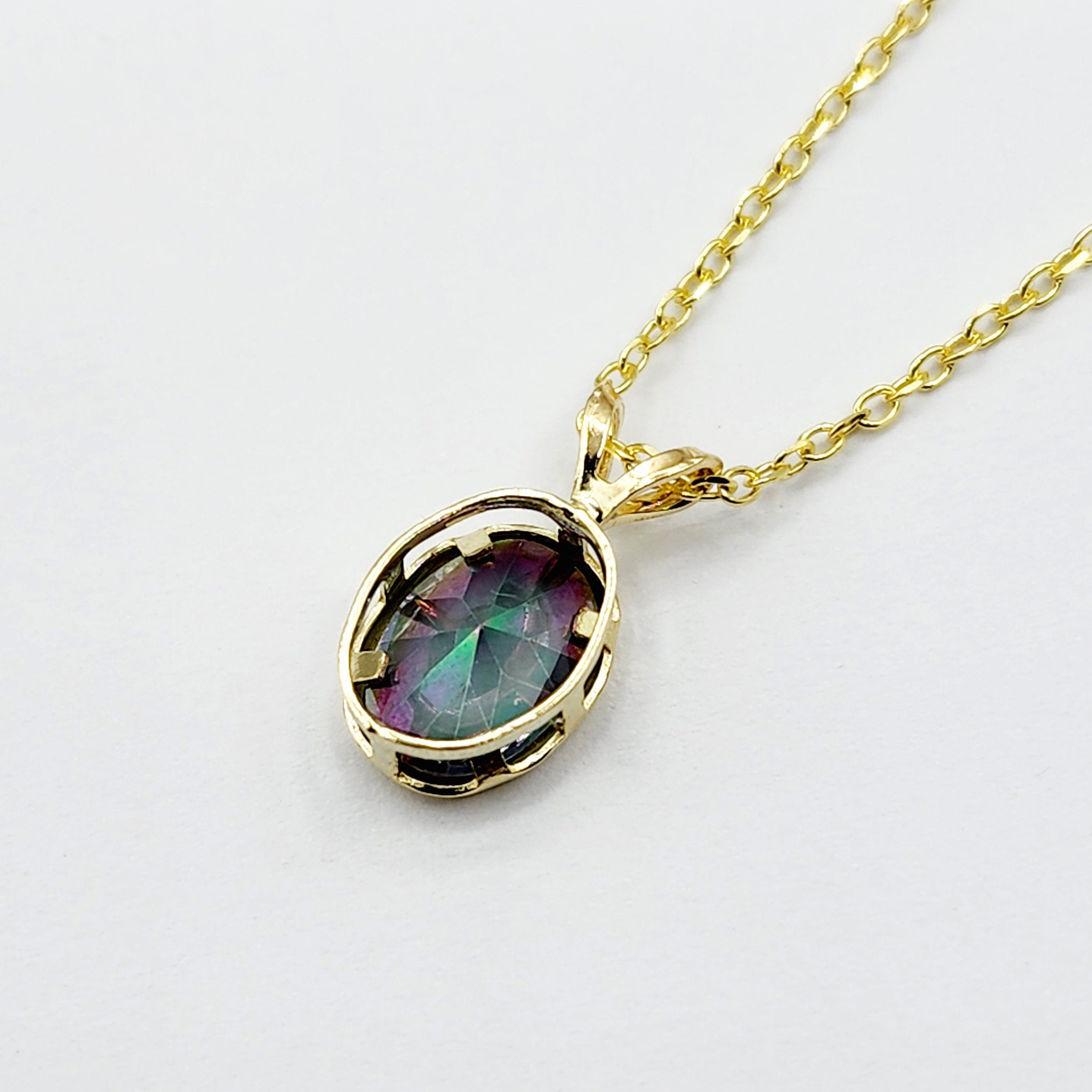 Gold Mystic Topaz Pendant Necklace, 14K Yellow Gold Genuine Oval Mystic Topaz 8x6mm Bezel Pendant Elegant Design Necklace, Dainty Necklace