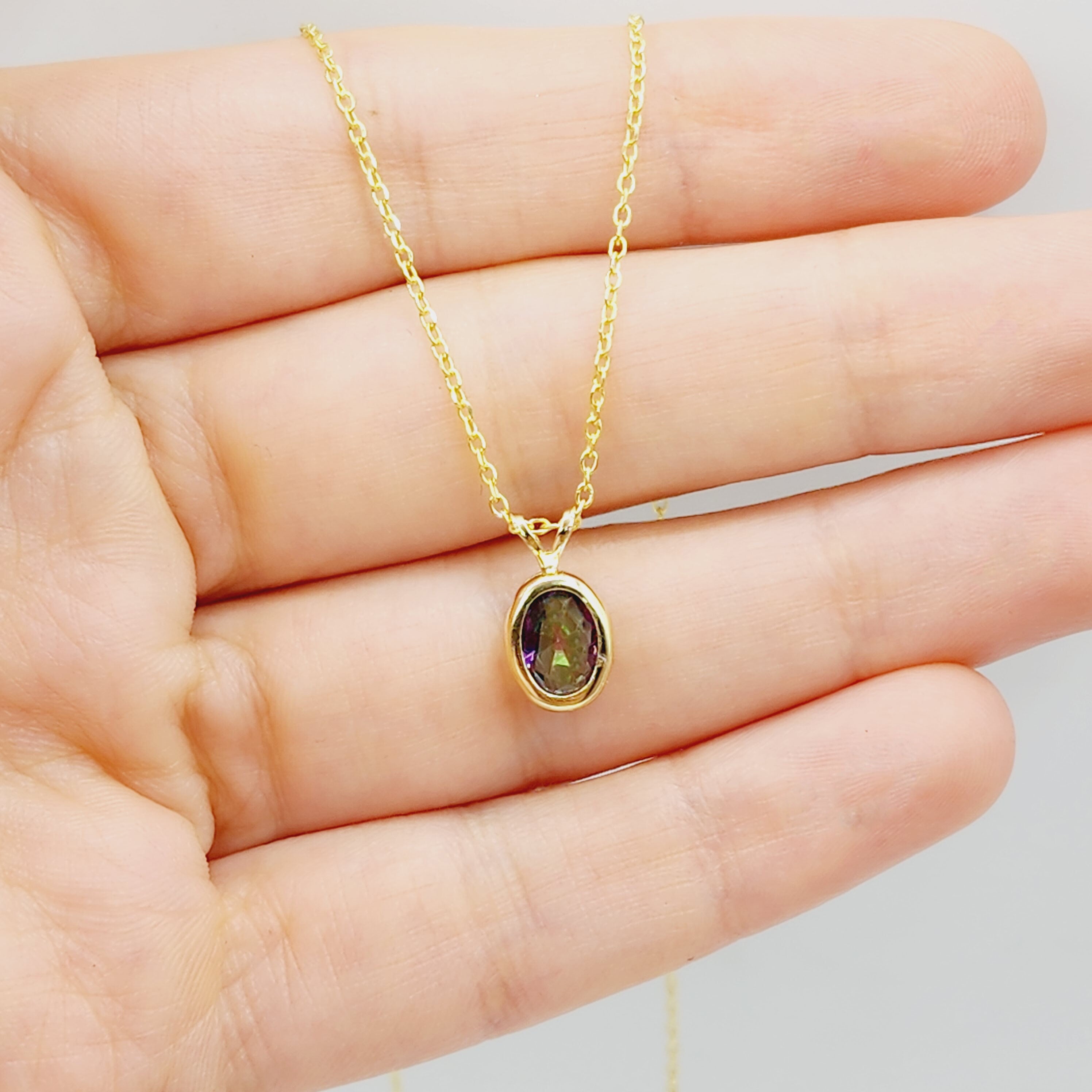 Gold Mystic Topaz Pendant Necklace, 14K Yellow Gold Genuine Oval Mystic Topaz 8x6mm Bezel Pendant Elegant Design Necklace, Dainty Necklace