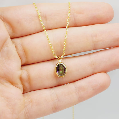 Gold Mystic Topaz Pendant Necklace, 14K Yellow Gold Genuine Oval Mystic Topaz 8x6mm Bezel Pendant Elegant Design Necklace, Dainty Necklace