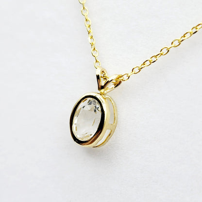 Gold White Topaz Pendant Necklace, 14K Yellow Gold Genuine Oval White Topaz 8x6mm Bezel Pendant Elegant Design Necklace, Dainty Necklace