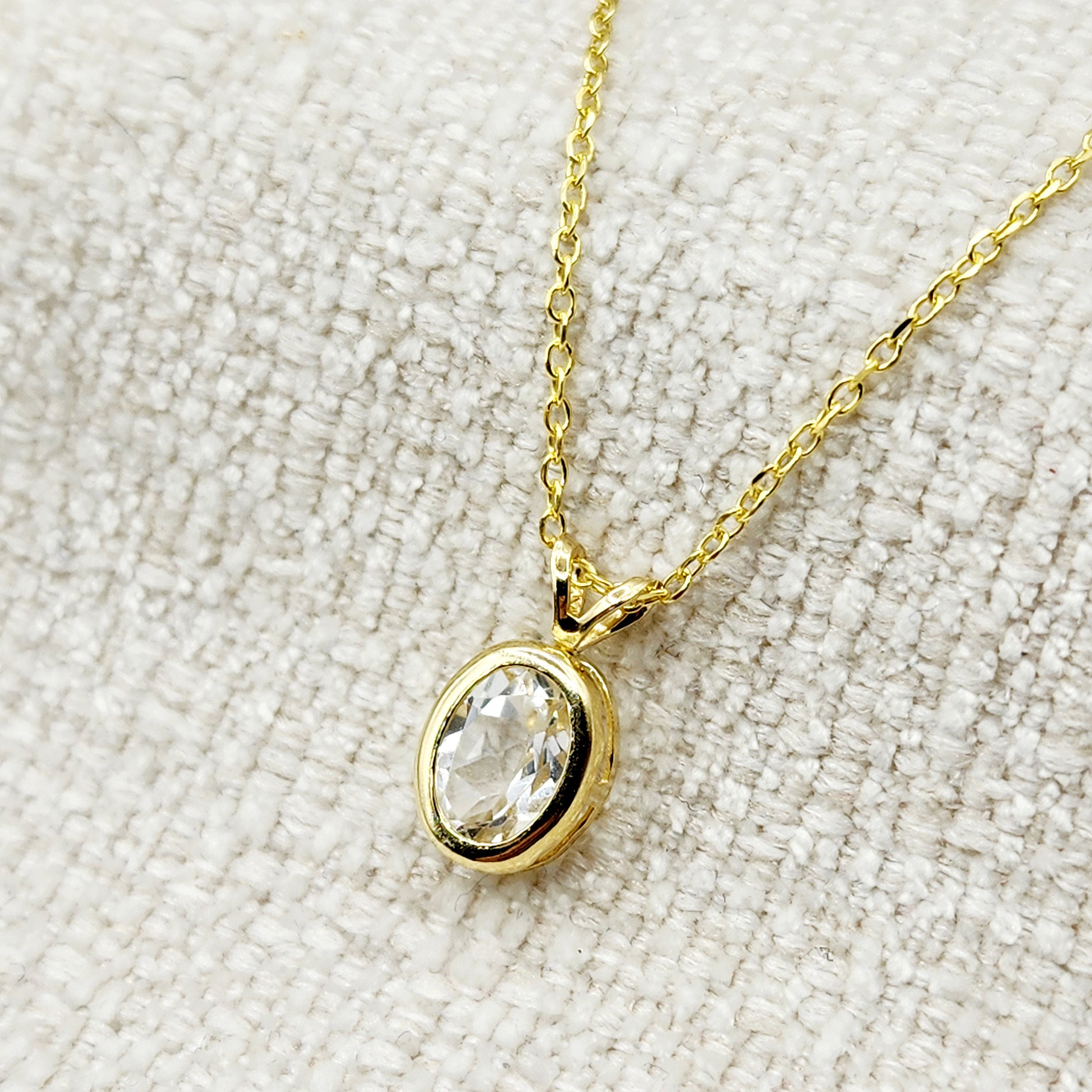 Gold White Topaz Pendant Necklace, 14K Yellow Gold Genuine Oval White Topaz 8x6mm Bezel Pendant Elegant Design Necklace, Dainty Necklace