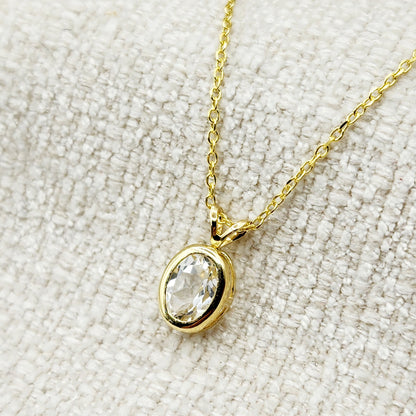 Gold White Topaz Pendant Necklace, 14K Yellow Gold Genuine Oval White Topaz 8x6mm Bezel Pendant Elegant Design Necklace, Dainty Necklace