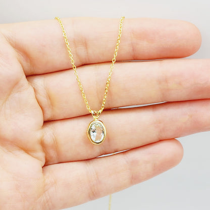 Gold White Topaz Pendant Necklace, 14K Yellow Gold Genuine Oval White Topaz 8x6mm Bezel Pendant Elegant Design Necklace, Dainty Necklace