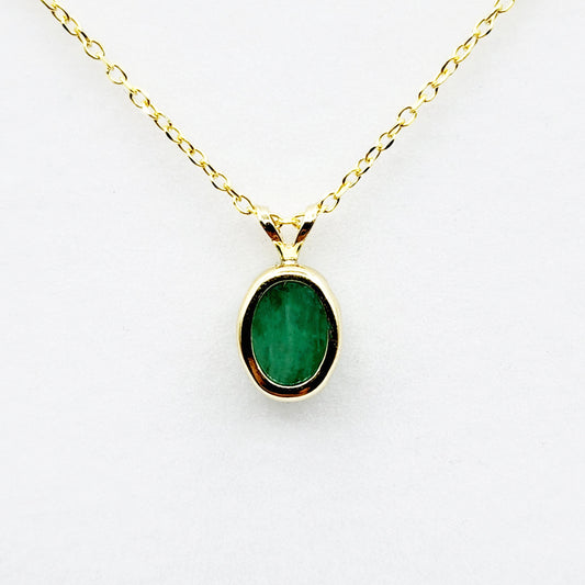 Gold Emerald Pendant Necklace, 14K Yellow Gold Genuine Oval Genuine Emerald  8x6mm Bezel Pendant Necklace, May Birthstone