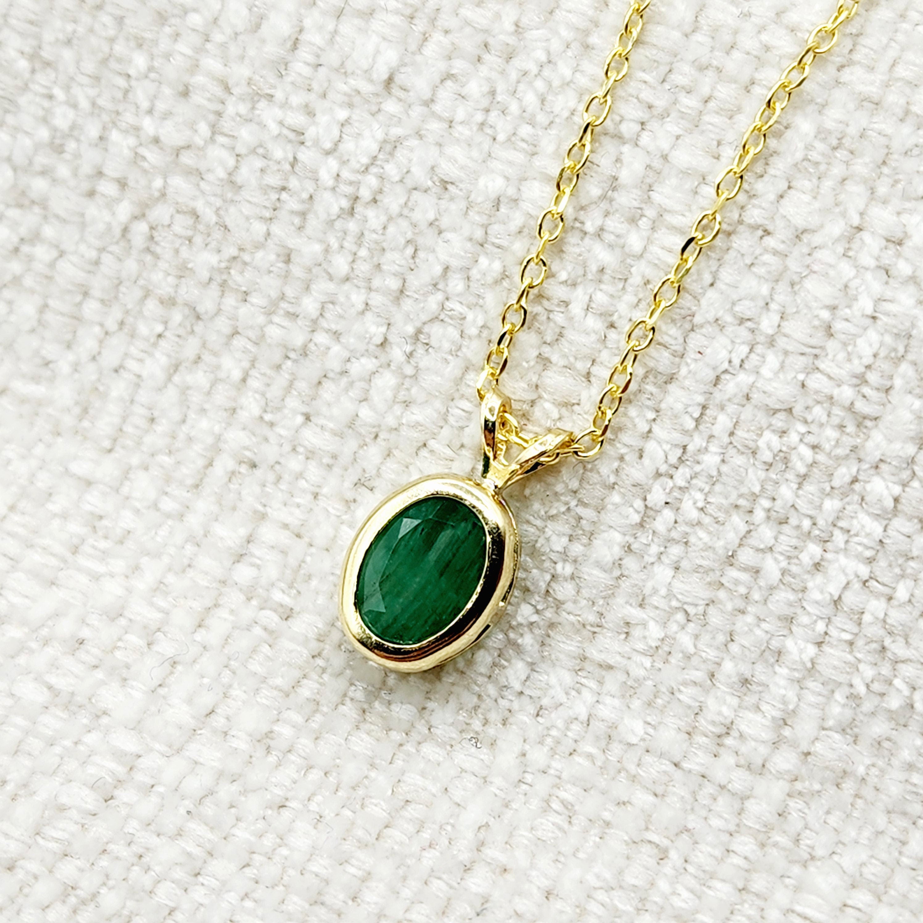 Gold Emerald Pendant Necklace, 14K Yellow Gold Genuine Oval Genuine Emerald  8x6mm Bezel Pendant Necklace, May Birthstone