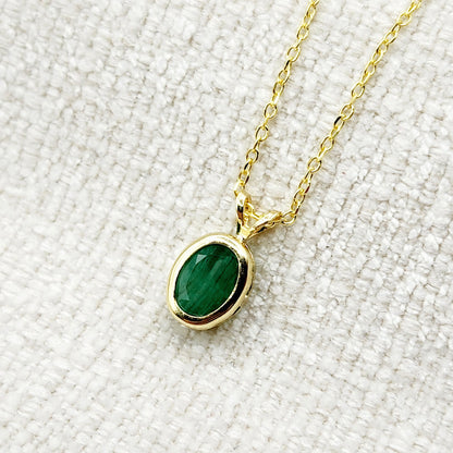 Gold Emerald Pendant Necklace, 14K Yellow Gold Genuine Oval Genuine Emerald  8x6mm Bezel Pendant Necklace, May Birthstone