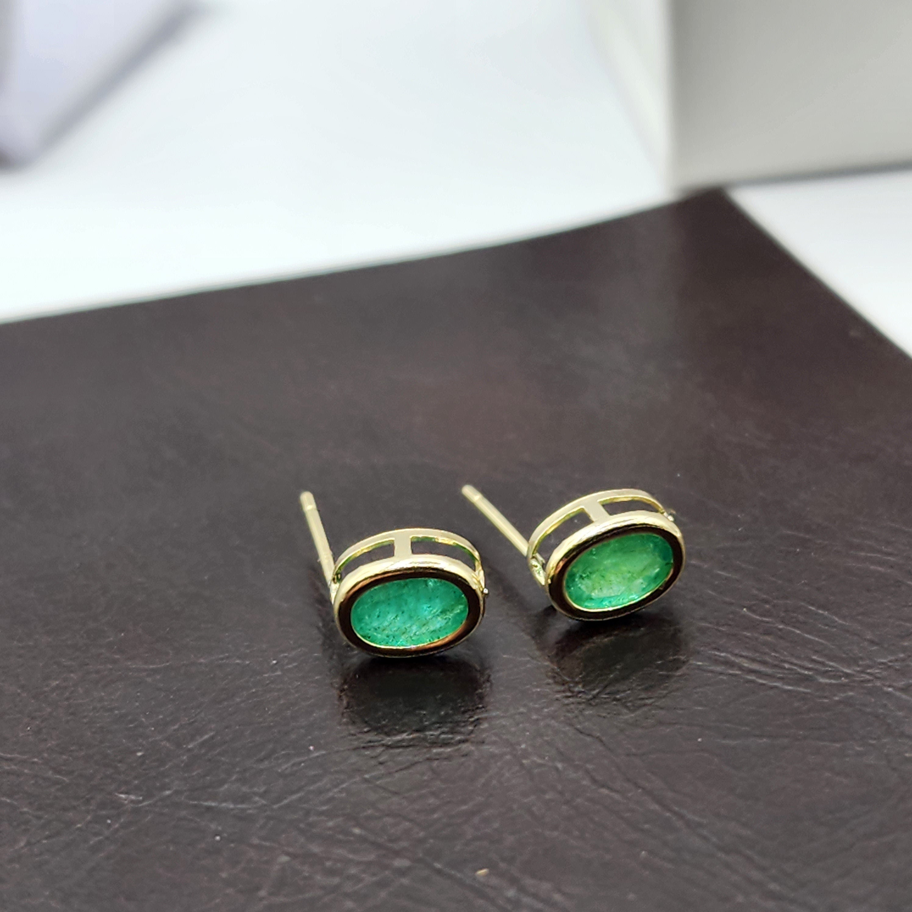 Gold Natural Emerald Stud Earrings , 14K Yellow Gold Emerald 7x5mm Bezel Stud Earrings, May Birthstone Jewelry, Genuine Emerald