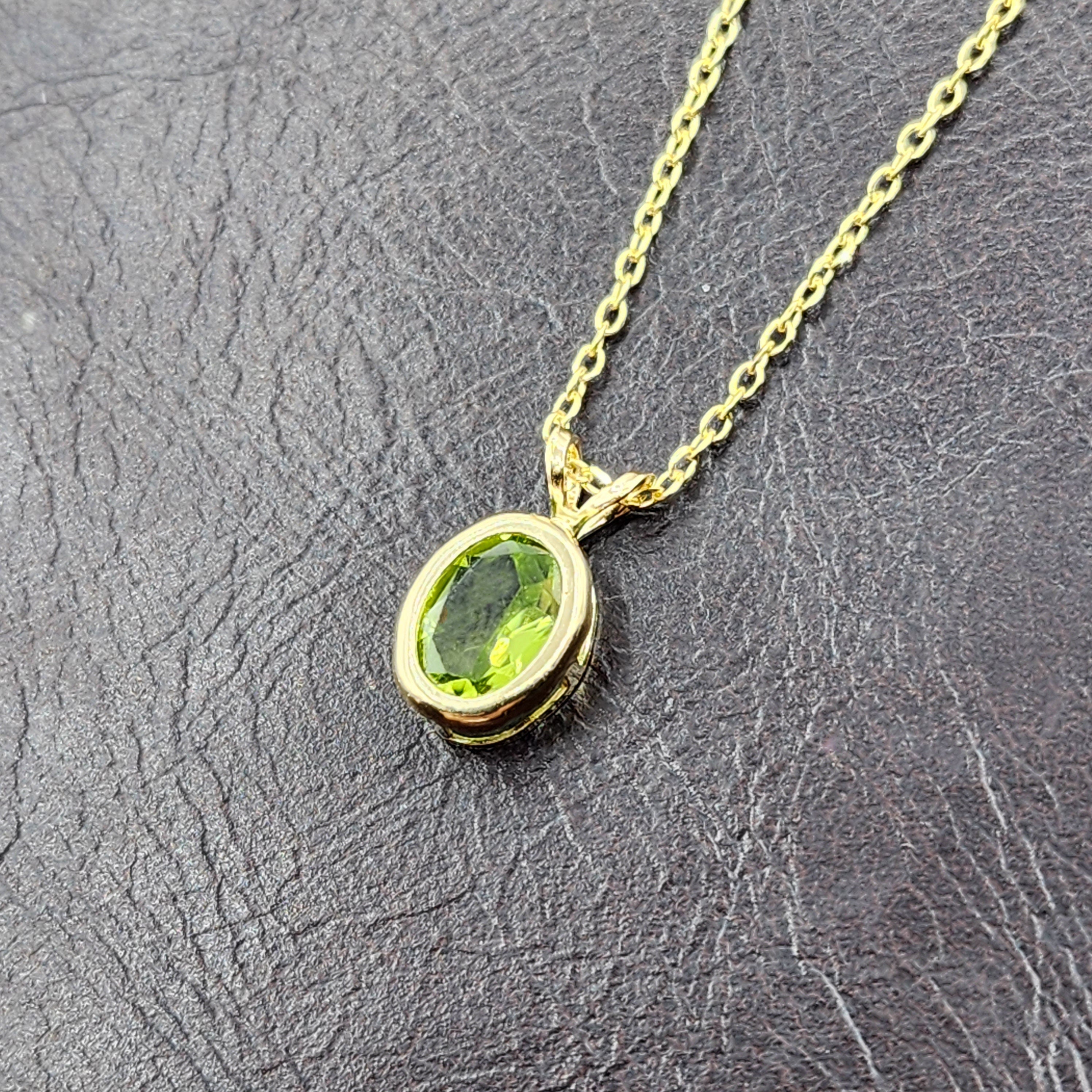 Gold Peridot Pendant Necklace, 14K Yellow Gold Genuine Oval Peridot 8x6mm Bezel Pendant Necklace, August Birthstone, Green Gemstone Jewelry