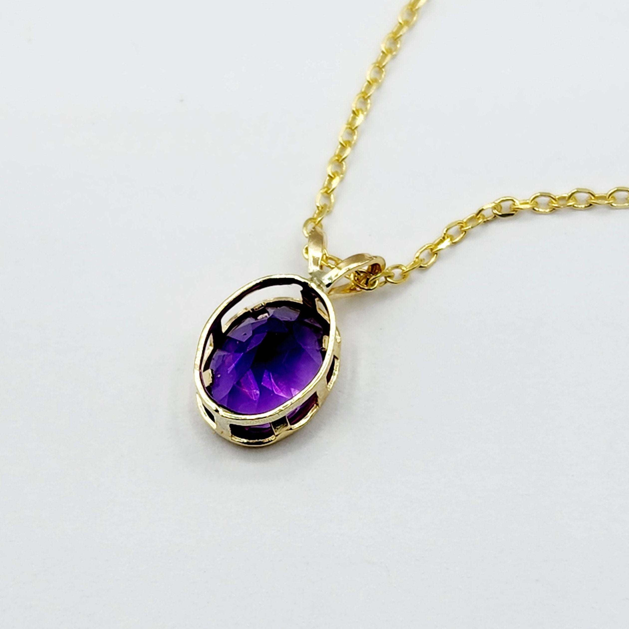 Gold Amethyst Pendant Necklace, 14K Yellow Gold Genuine Oval Amethyst 8x6mm Bezel Pendant Elegant Design Necklace, Purple Stone Necklace
