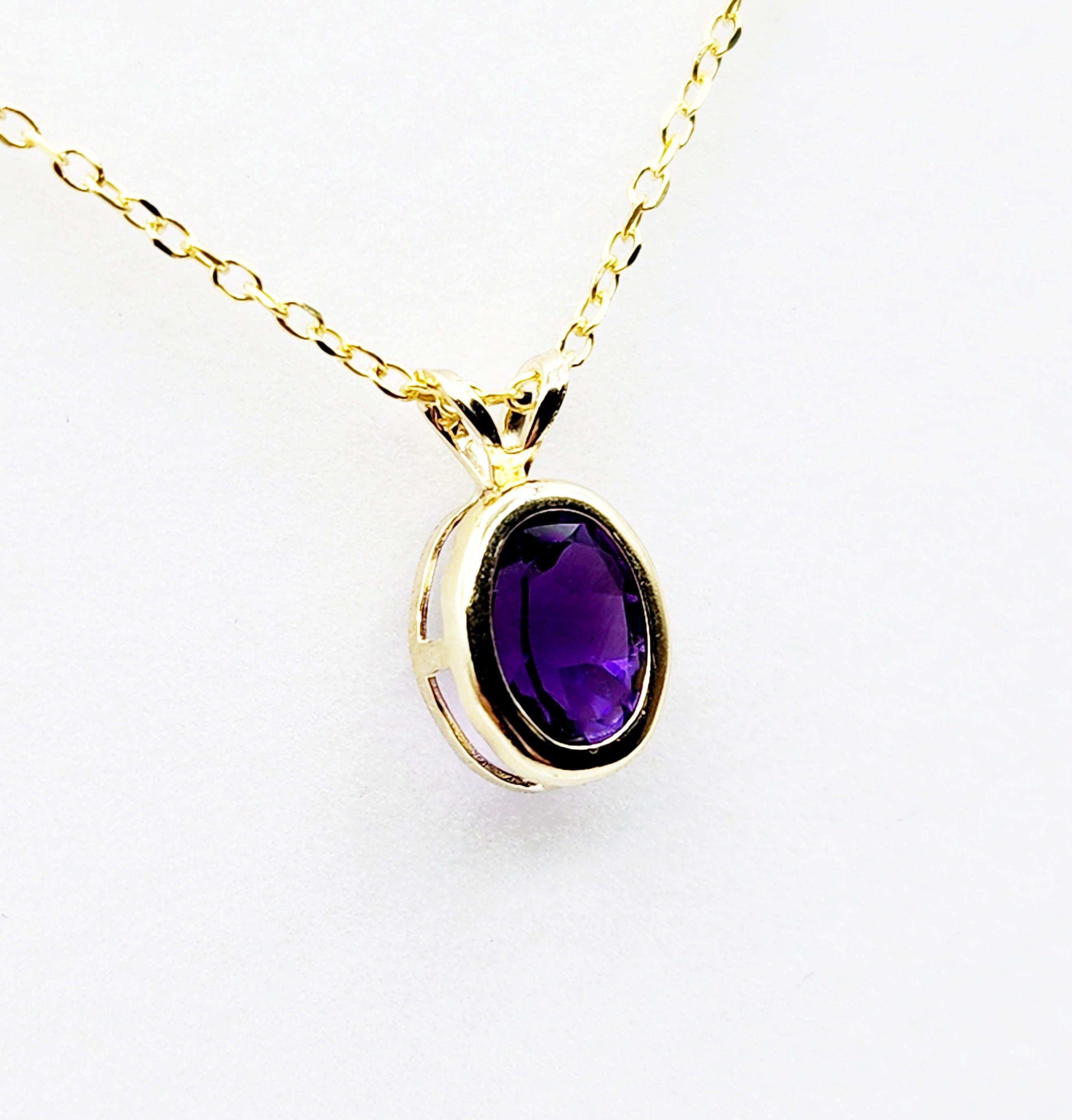 Gold Amethyst Pendant Necklace, 14K Yellow Gold Genuine Oval Amethyst 8x6mm Bezel Pendant Elegant Design Necklace, Purple Stone Necklace