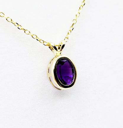 Gold Amethyst Pendant Necklace, 14K Yellow Gold Genuine Oval Amethyst 8x6mm Bezel Pendant Elegant Design Necklace, Purple Stone Necklace