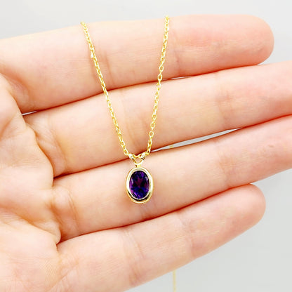 Gold Amethyst Pendant Necklace, 14K Yellow Gold Genuine Oval Amethyst 8x6mm Bezel Pendant Elegant Design Necklace, Purple Stone Necklace