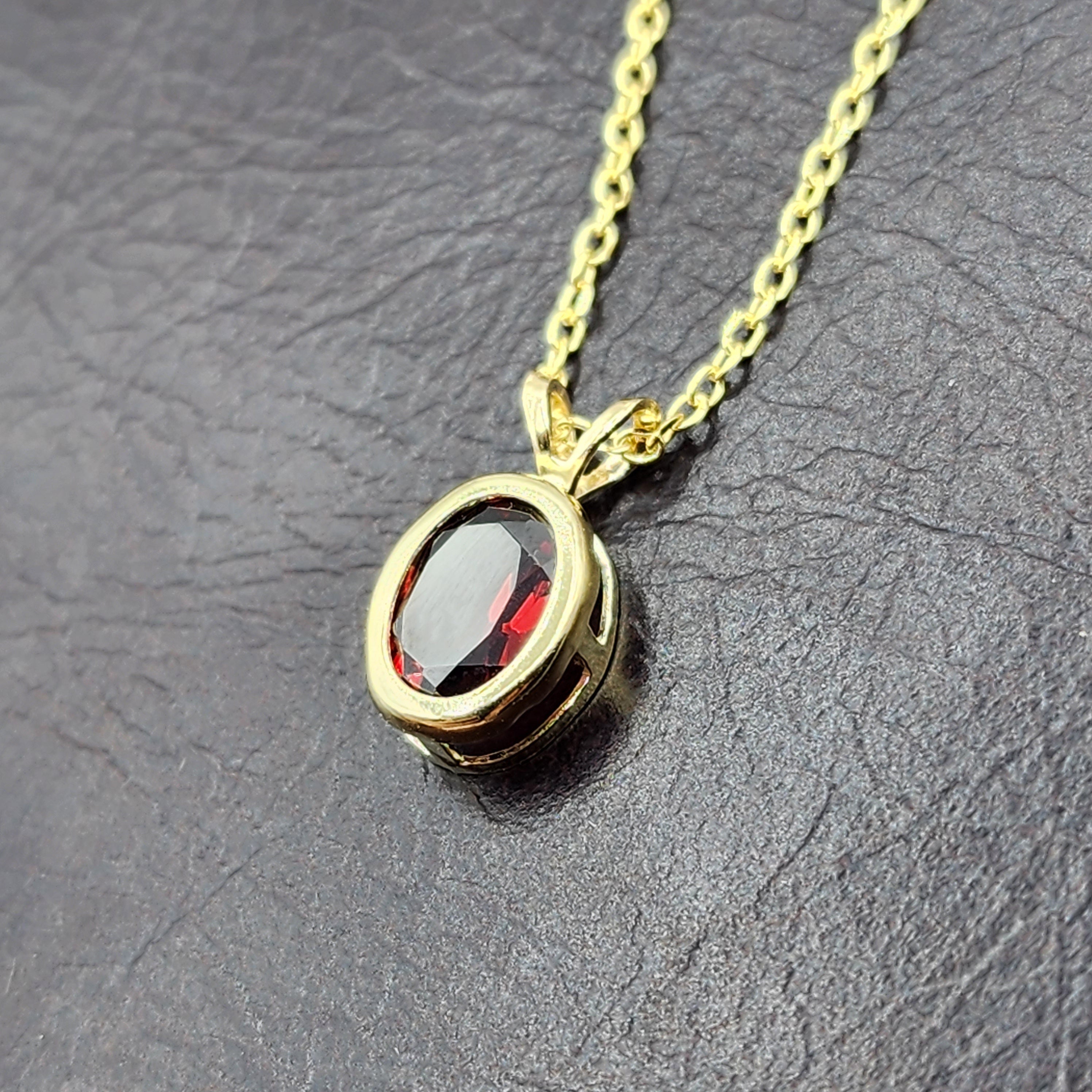 Gold Garnet Pendant Necklace, 14K Yellow Gold Genuine Oval Garnet 8x6mm Bezel Pendant Elegant Design Necklace, Red Stone Necklace