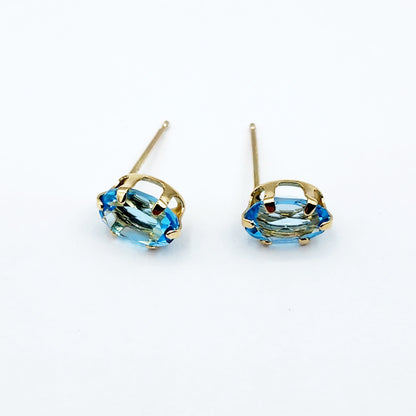 Gold Blue Topaz Stud Earrings, 10K Yellow Gold Blue Topaz 7x5mm Stud Earrings, Handmade Earrings, Gemstone Earrings, December Birthstone
