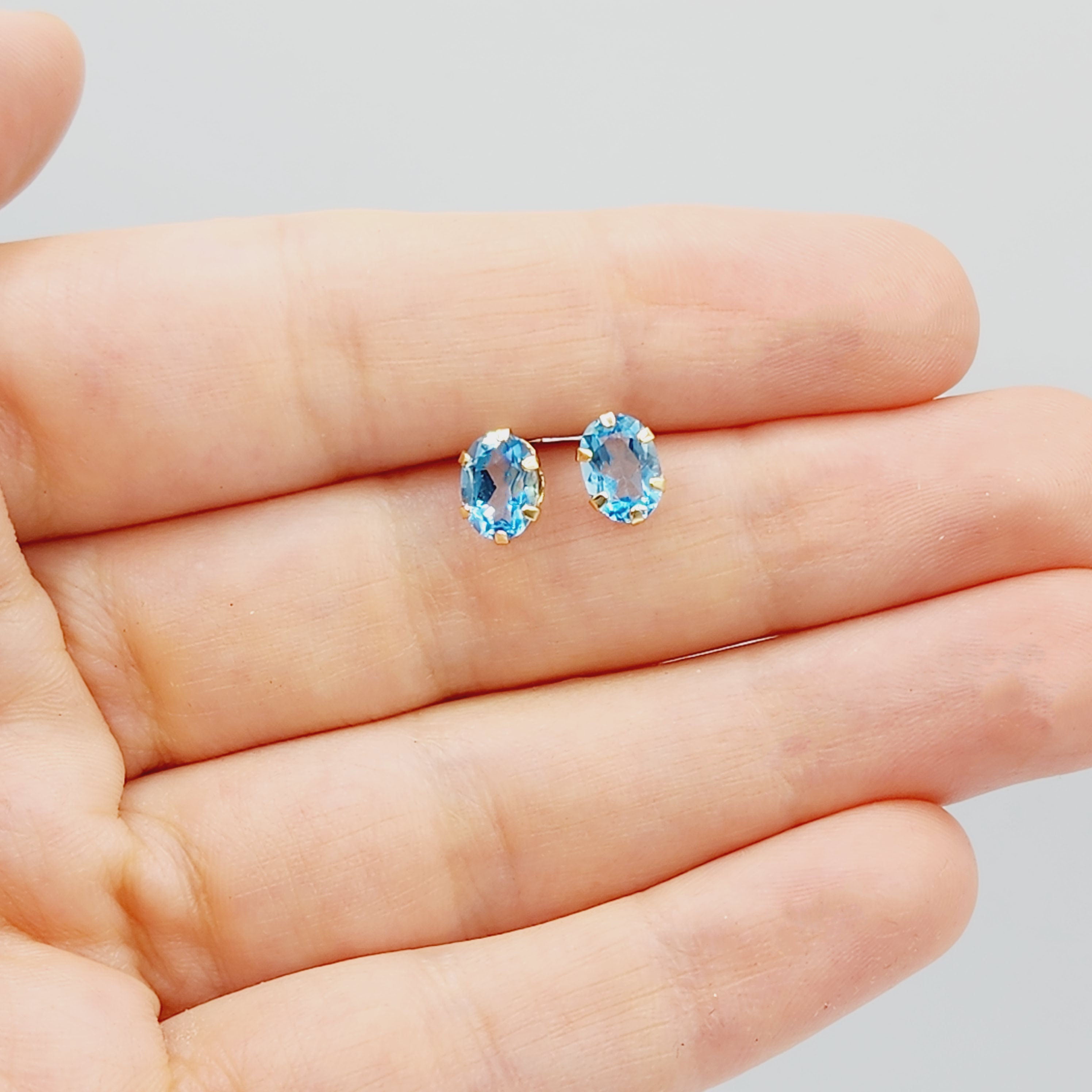 Gold Blue Topaz Stud Earrings, 10K Yellow Gold Blue Topaz 7x5mm Stud Earrings, Handmade Earrings, Gemstone Earrings, December Birthstone