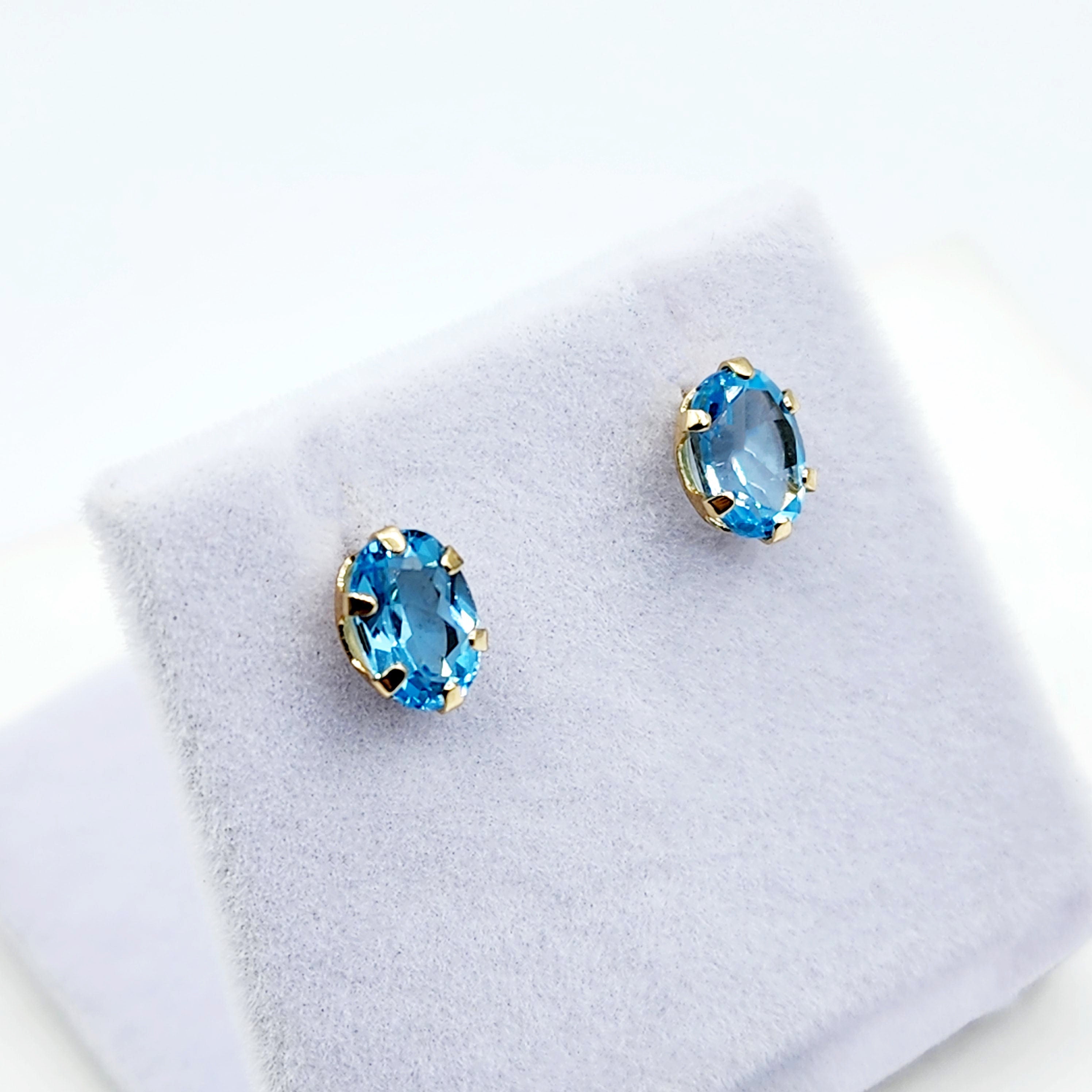 Gold Blue Topaz Stud Earrings, 10K Yellow Gold Blue Topaz 7x5mm Stud Earrings, Handmade Earrings, Gemstone Earrings, December Birthstone