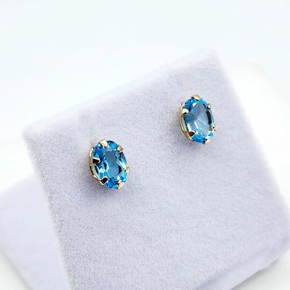 Gold Blue Topaz Stud Earrings, 10K Yellow Gold Blue Topaz 7x5mm Stud Earrings, Handmade Earrings, Gemstone Earrings, December Birthstone