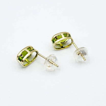 Gold Peridot Bezel Stud Earrings, 14K Yellow Gold Genuine Peridot 8x6mm Earrings, August Birthstone, Green Gemstone Earrings For Women