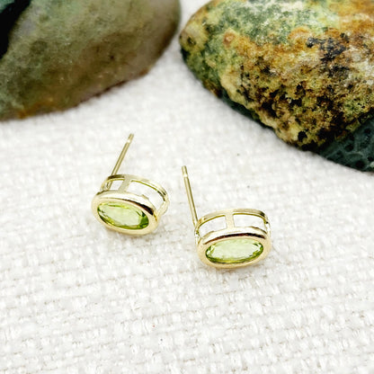 Gold Peridot Bezel Stud Earrings, 14K Yellow Gold Genuine Peridot 8x6mm Earrings, August Birthstone, Green Gemstone Earrings For Women