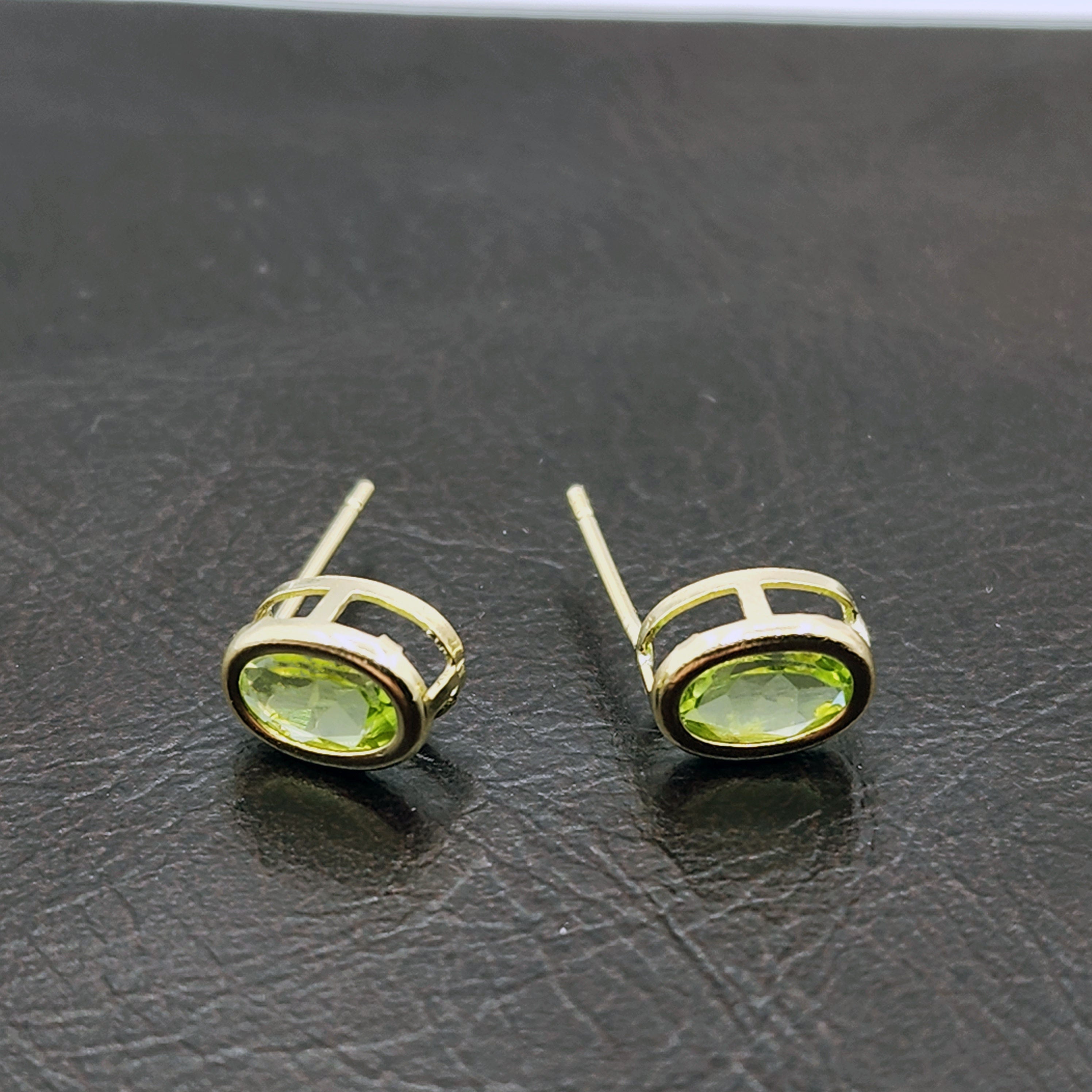 Gold Peridot Bezel Stud Earrings, 14K Yellow Gold Genuine Peridot 8x6mm Earrings, August Birthstone, Green Gemstone Earrings For Women
