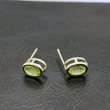 Gold Peridot Bezel Stud Earrings, 14K Yellow Gold Genuine Peridot 8x6mm Earrings, August Birthstone, Green Gemstone Earrings For Women