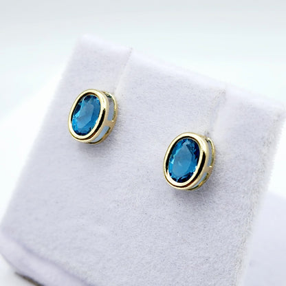 Gold Blue Topaz Bezel Stud Earrings, 14K Yellow Gold Genuine Blue Topaz 8x6mm Stud Earrings, Earrings For Women, Gift For Her