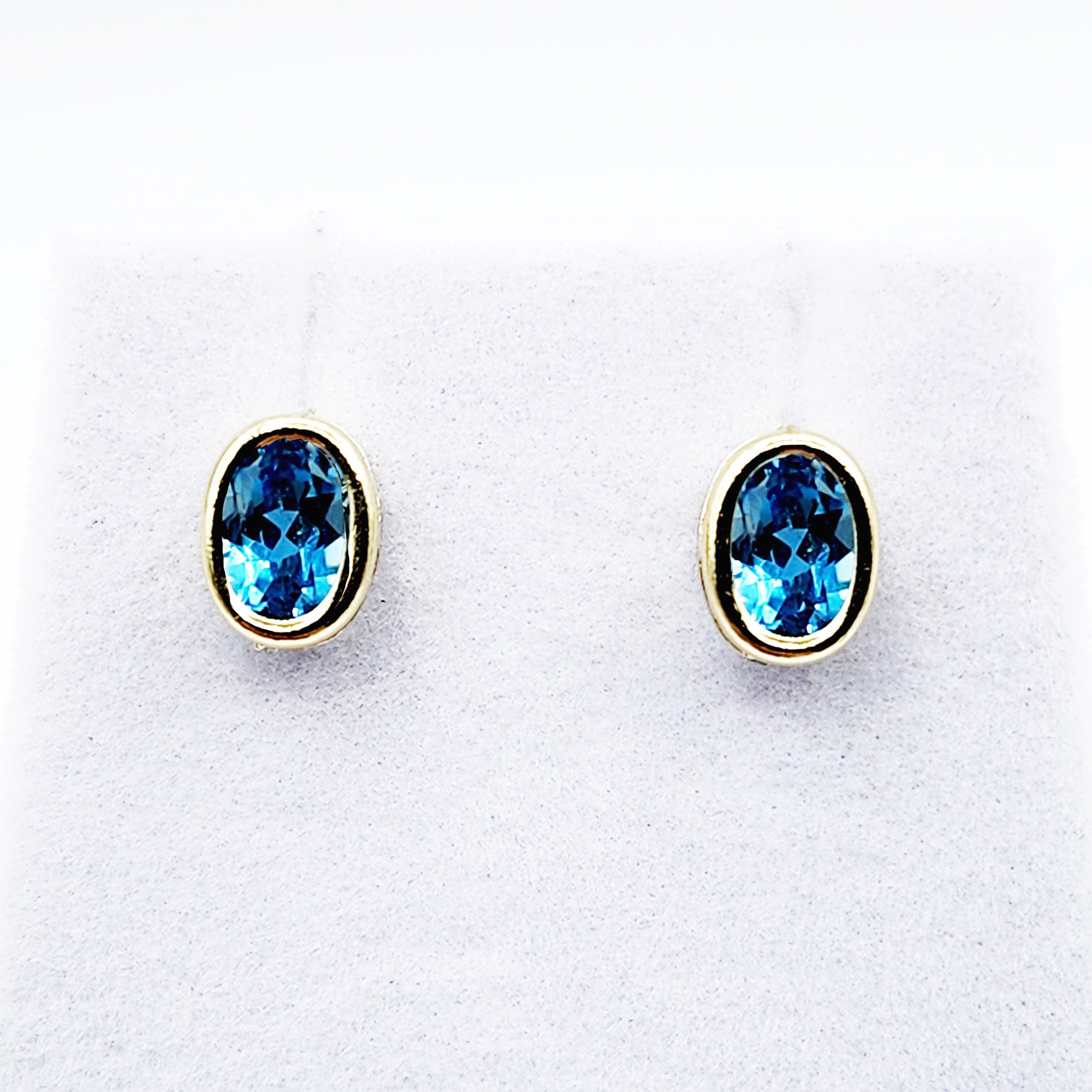 Gold Blue Topaz Bezel Stud Earrings, 14K Yellow Gold Genuine Blue Topaz 8x6mm Stud Earrings, Earrings For Women, Gift For Her