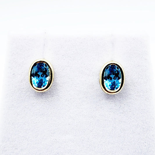Gold Blue Topaz Bezel Stud Earrings, 14K Yellow Gold Genuine Blue Topaz 8x6mm Stud Earrings, Earrings For Women, Gift For Her