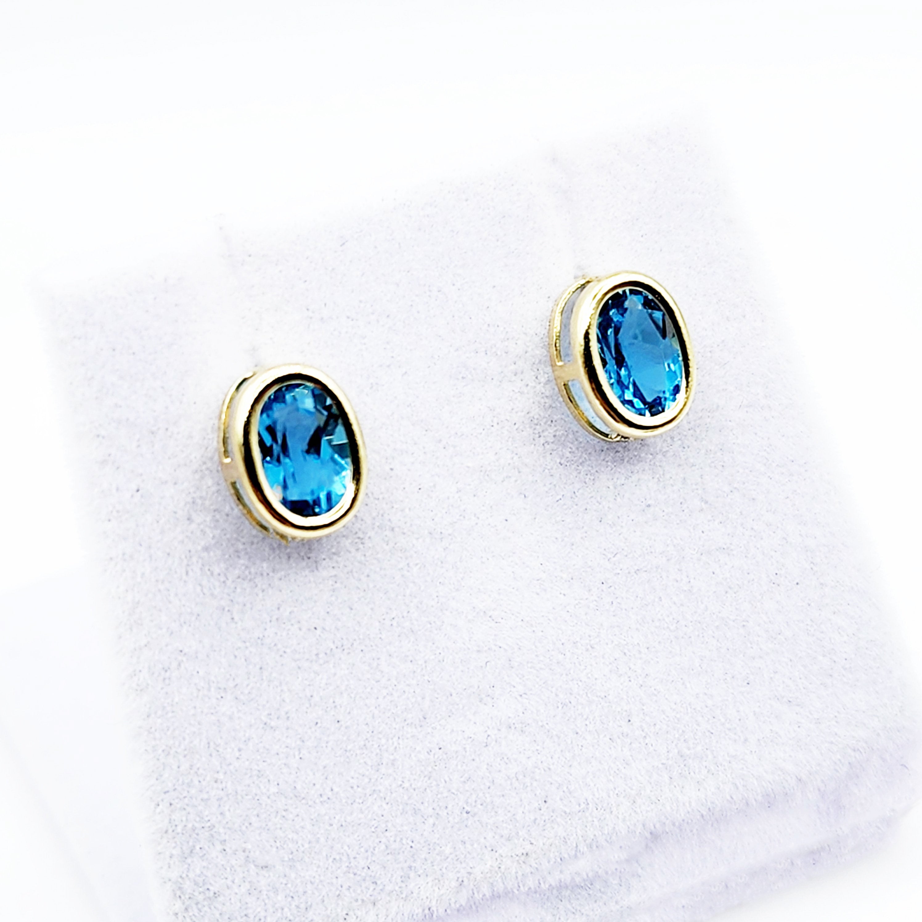 Gold Blue Topaz Bezel Stud Earrings, 14K Yellow Gold Genuine Blue Topaz 8x6mm Stud Earrings, Earrings For Women, Gift For Her