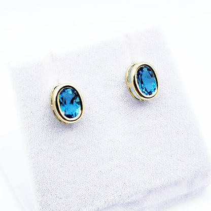 Gold Blue Topaz Bezel Stud Earrings, 14K Yellow Gold Genuine Blue Topaz 8x6mm Stud Earrings, Earrings For Women, Gift For Her