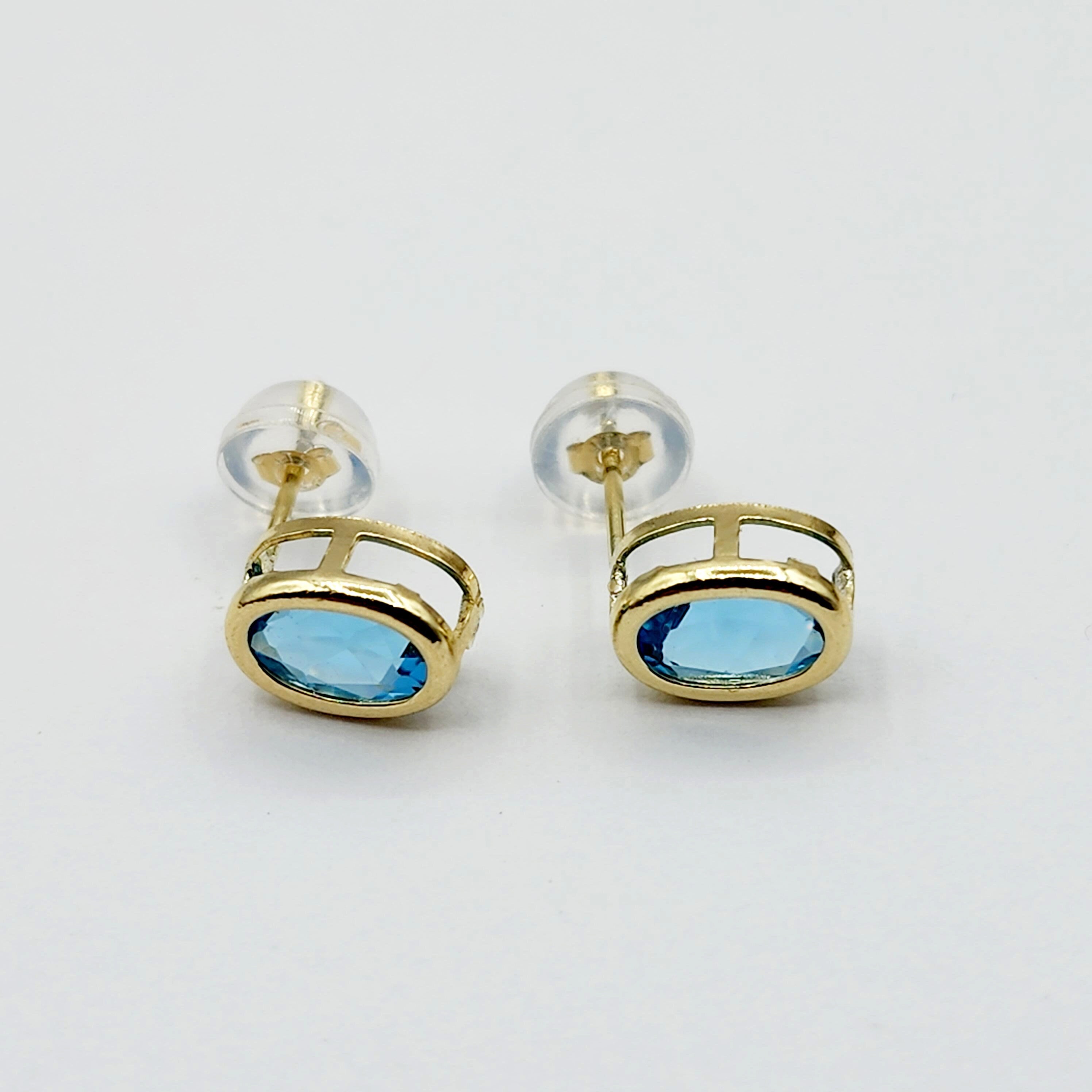Gold Blue Topaz Bezel Stud Earrings, 14K Yellow Gold Genuine Blue Topaz 8x6mm Stud Earrings, Earrings For Women, Gift For Her