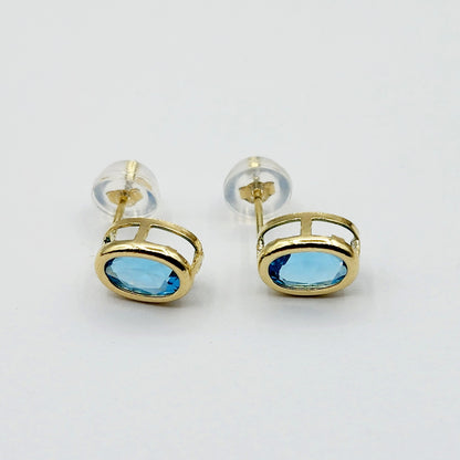 Gold Blue Topaz Bezel Stud Earrings, 14K Yellow Gold Genuine Blue Topaz 8x6mm Stud Earrings, Earrings For Women, Gift For Her