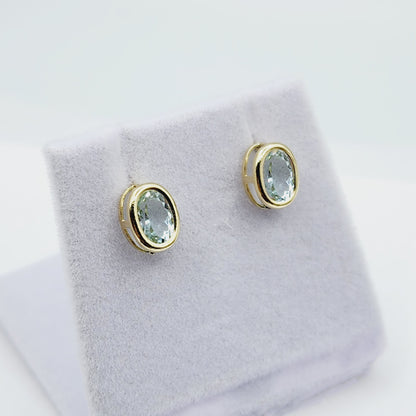 Gold Aquamarine Bezel Stud Earrings, 14K Yellow Gold Aquamarine 8x6mm Stud Earrings, March birthstone, Anniversary Gift, Birthday Gift