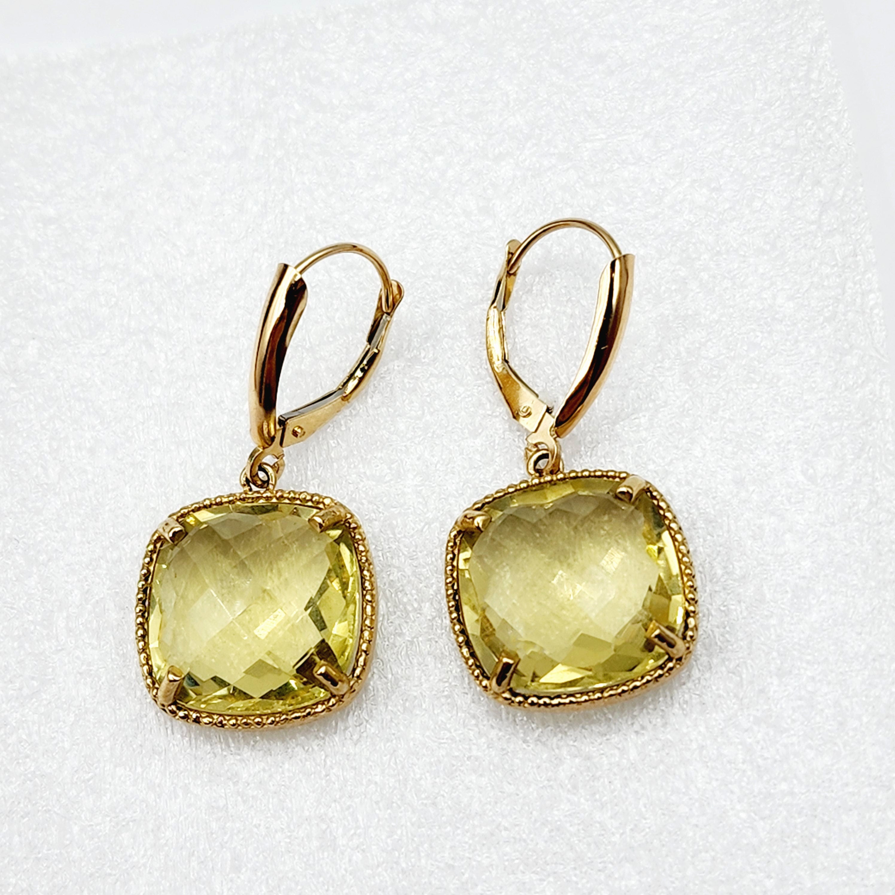 Gold Quartz Earrings, 10K Yellow Gold Lemon Quartz (12ct) Earrings, Gold Earrings For Her, Handmade Earrings, Big Gemstone Earrings