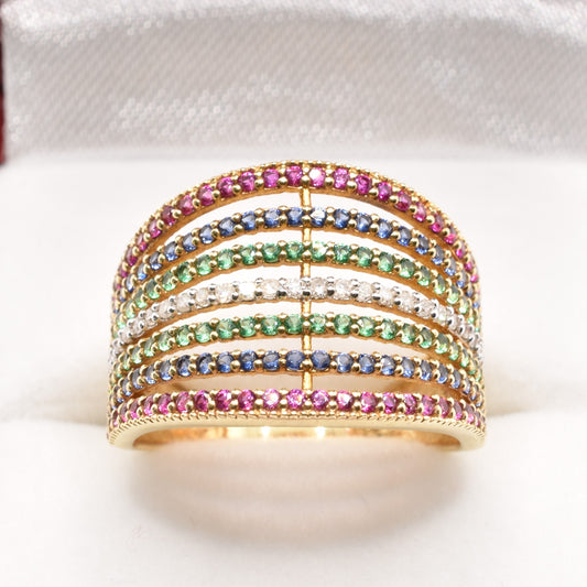 14K Gold Gemstones Ring, Diamond Ruby Sapphire Emerald Ring, 14K Yellow Gold Natural Gemstones Ring, Rings For Women