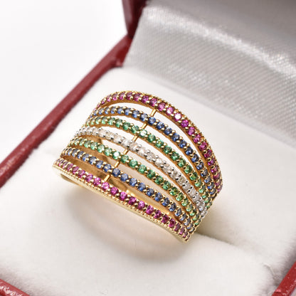14K Gold Gemstones Ring, Diamond Ruby Sapphire Emerald Ring, 14K Yellow Gold Natural Gemstones Ring, Rings For Women