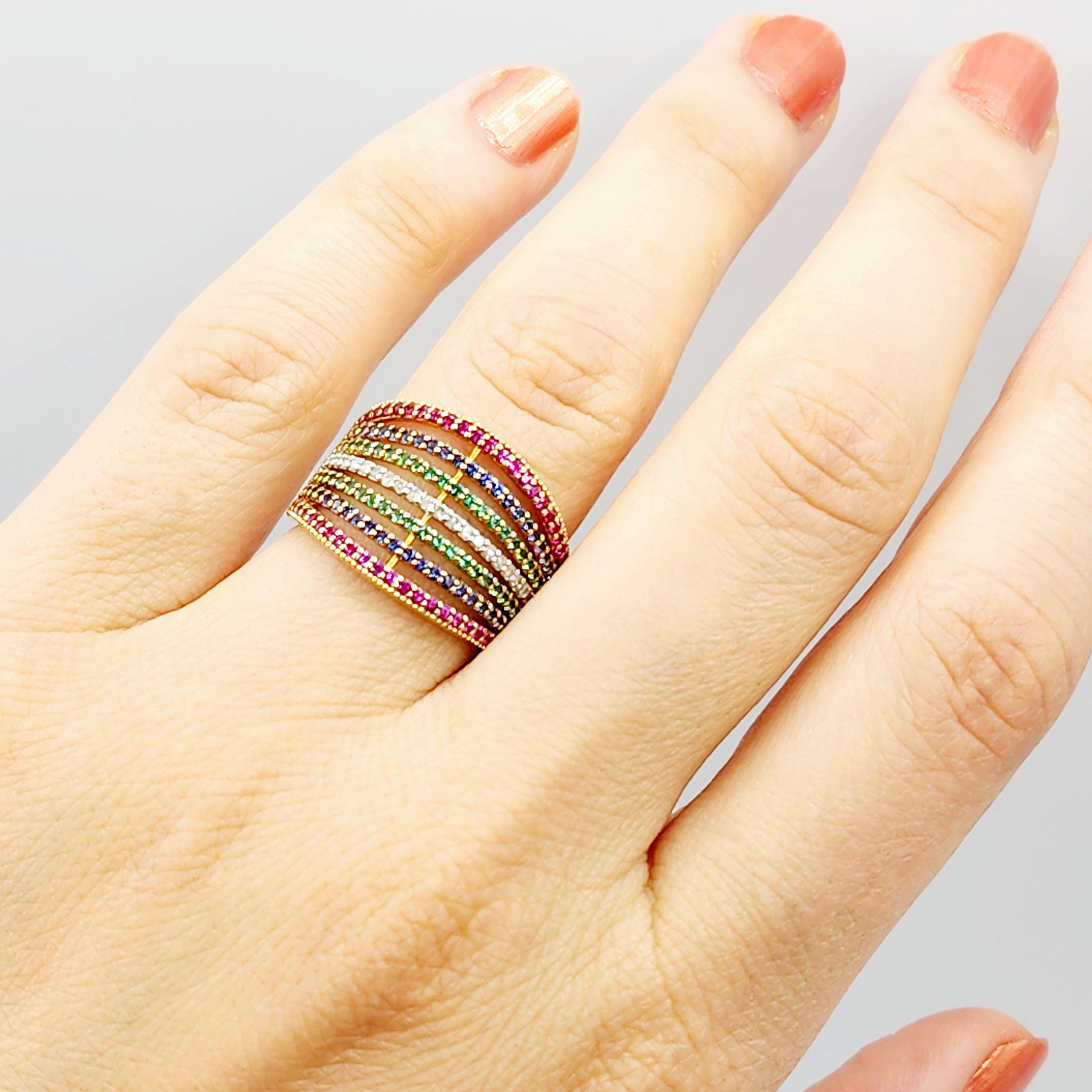 14K Gold Gemstones Ring, Diamond Ruby Sapphire Emerald Ring, 14K Yellow Gold Natural Gemstones Ring, Rings For Women