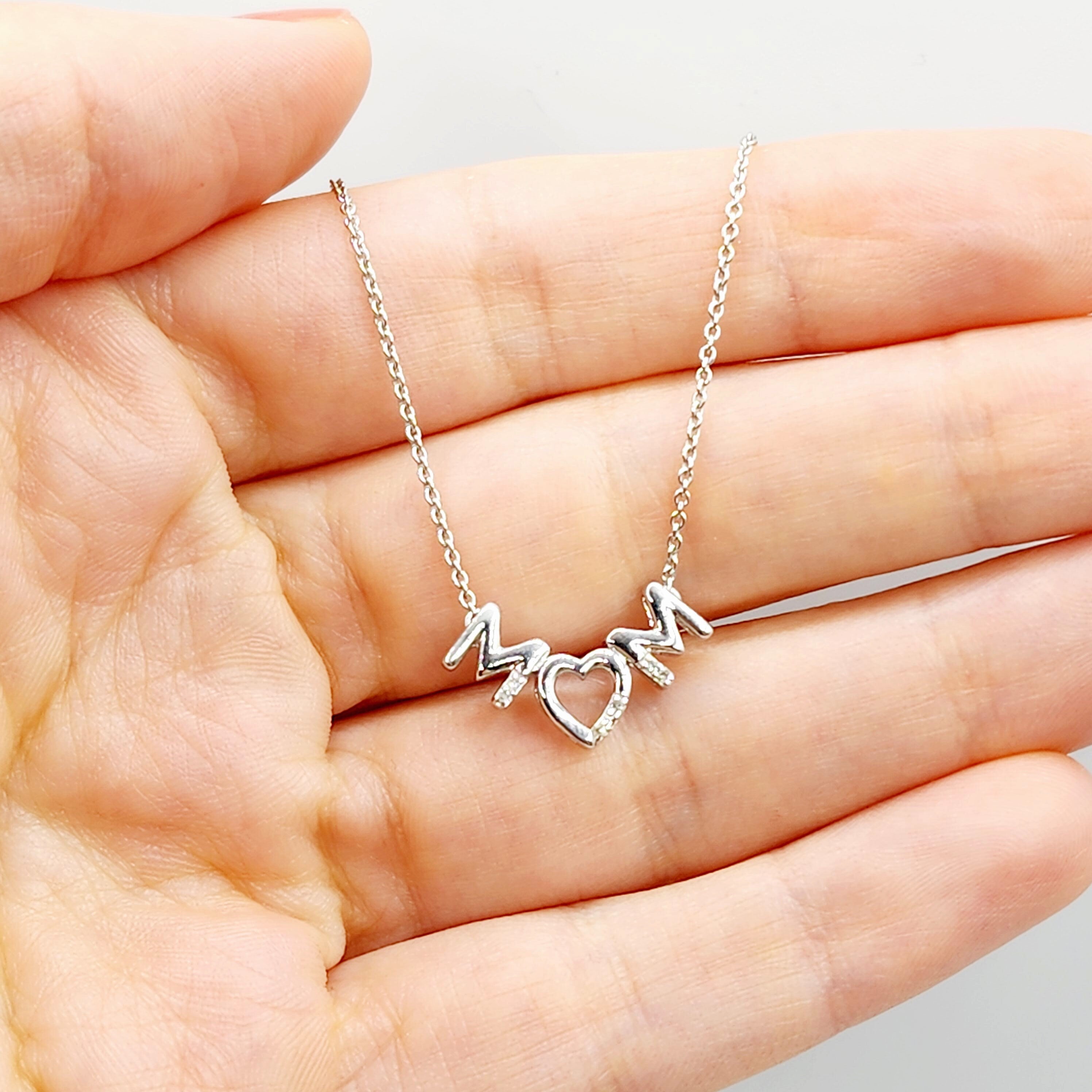 Silver Necklace for Mom, "Mom" Diamond Pendant Necklace, Natural Diamond Necklace for Women, Memorial Jewelry Present for Mothers Day Gift