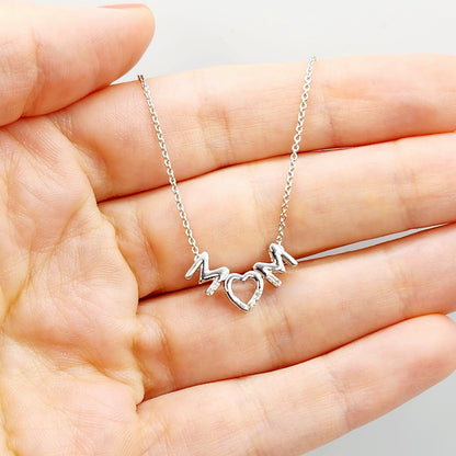 Silver Necklace for Mom, "Mom" Diamond Pendant Necklace, Natural Diamond Necklace for Women, Memorial Jewelry Present for Mothers Day Gift