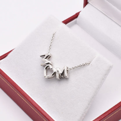 Silver Necklace for Mom, "Mom" Diamond Pendant Necklace, Natural Diamond Necklace for Women, Memorial Jewelry Present for Mothers Day Gift