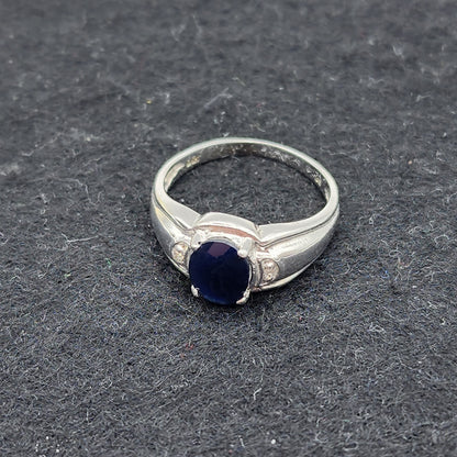 Gold Sapphire Ring, 10K White Gold Natural Blue Sapphire8x6mm with Diamond Ring for Women, September Birthstone, Birthday Gift for her