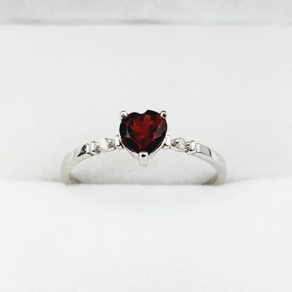 Gold Garnet Ring,  10K White Gold Heart Shape Garnet 5x5mm With Diamonds Ring, Handmade Ring, Statement Ring, Valentine Day Gifts for Love
