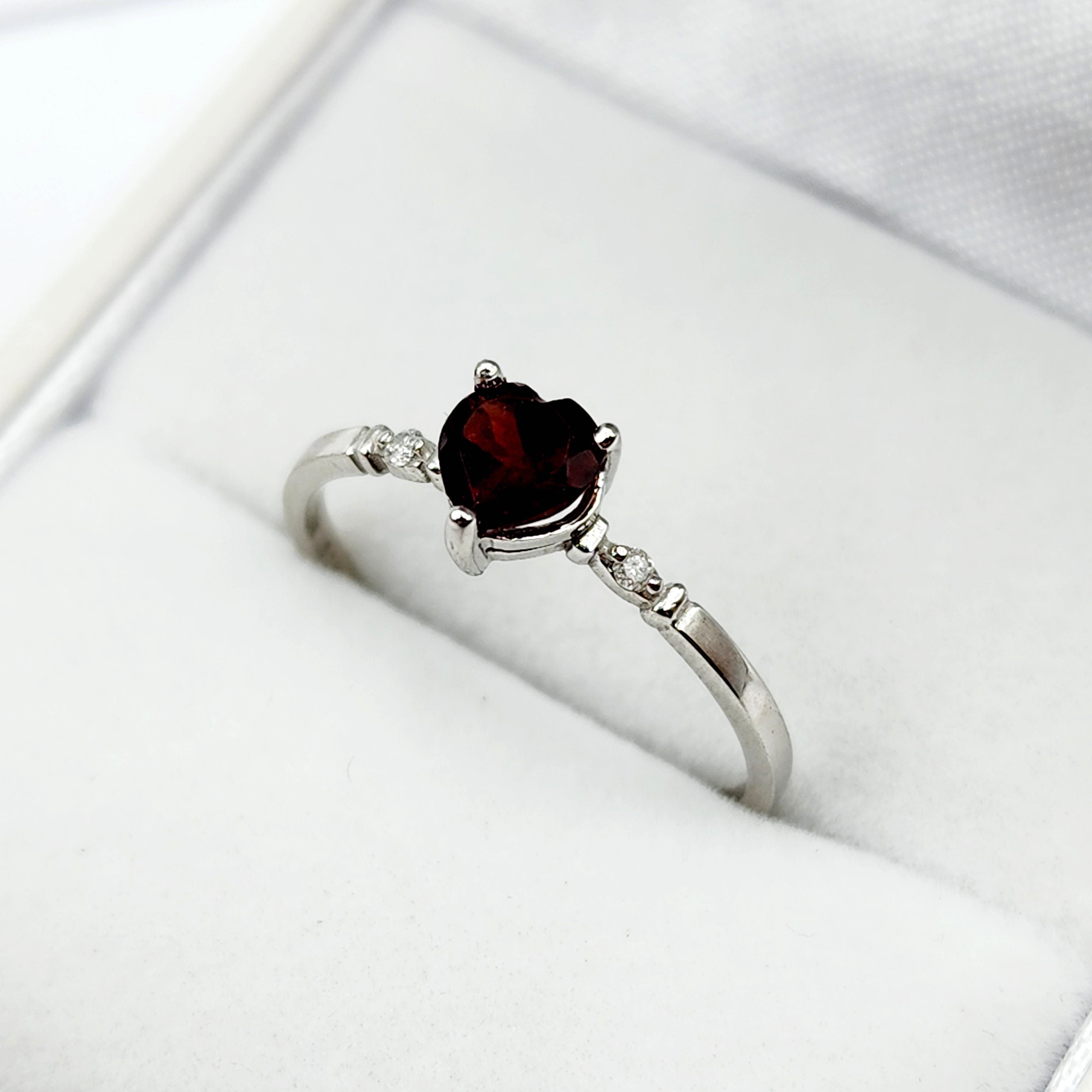 Gold Garnet Ring,  10K White Gold Heart Shape Garnet 5x5mm With Diamonds Ring, Handmade Ring, Statement Ring, Valentine Day Gifts for Love