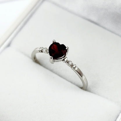 Gold Garnet Ring,  10K White Gold Heart Shape Garnet 5x5mm With Diamonds Ring, Handmade Ring, Statement Ring, Valentine Day Gifts for Love