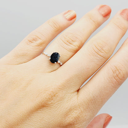 Gold Blue Sapphire Ring, 10K White Gold Natural Sapphire 8x6mm with Diamond Gemstone Women Rings, Engagement Rings, September Birthday Gift