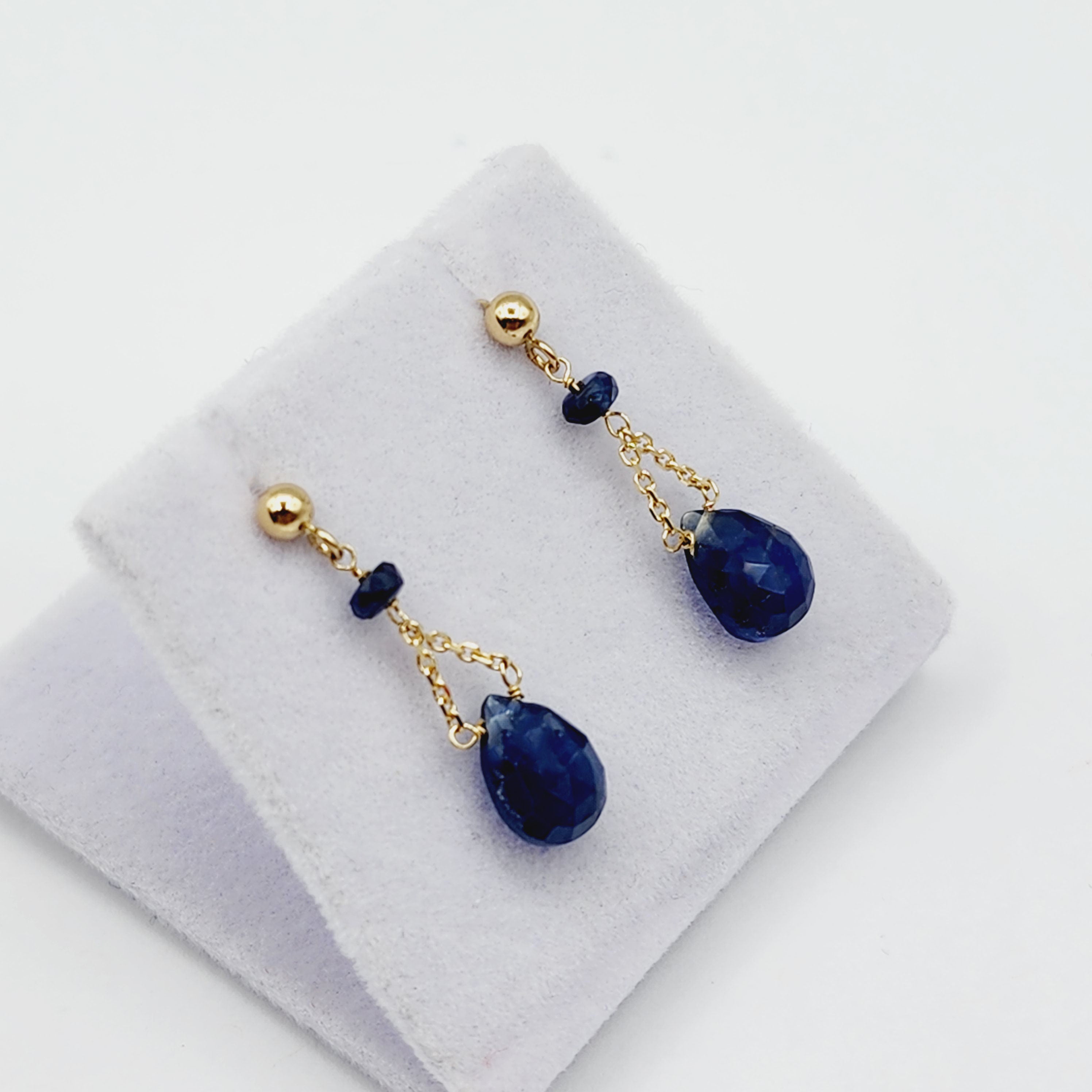14K Yellow Gold Natural Blue Sapphire Drop Earrings, September Birthstone, Gift for Girlfriend
